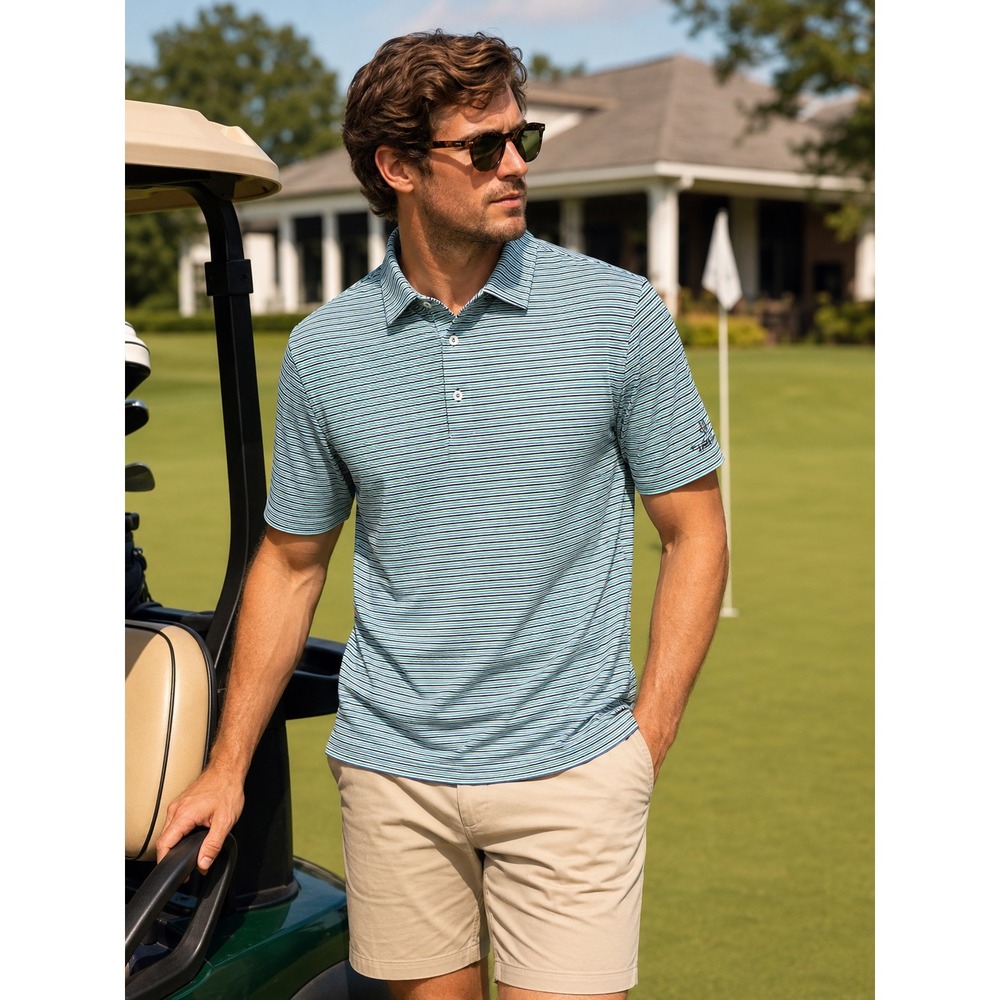 Fennec Performance Polo Shirt Striped Green Blue Mens Medium Golf Top